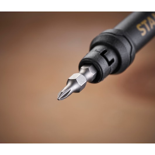 STANLEY 66-344M screwdriver tip close-up, showing silver Phillips bit and black handle.