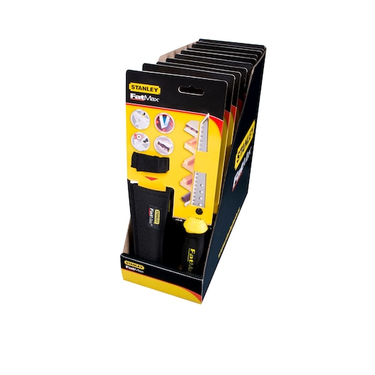 STANLEY 7-20-556 FatMax box display of utility knives and black cases, side angle, yellow details.
