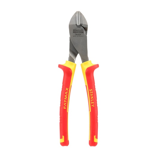 STANLEY 84-004-S diagonal cutting pliers with red and yellow insulated handles, front angle photo.