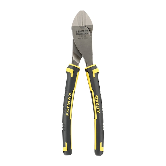 STANLEY 89-859 FATMAX diagonal cutting pliers, black and yellow handles, front angle, white background.