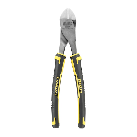 STANLEY 89-861 diagonal cutting pliers with black and yellow FATMAX handles, front angle, white background.
