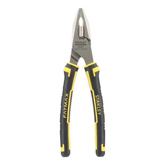 STANLEY 89-867 photography of FATMAX combination pliers with black and yellow handles, front view.