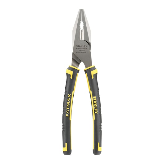 STANLEY 89-868 FATMAX combination pliers, black and yellow handles, front view, white background.