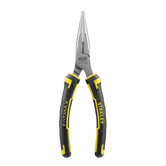 STANLEY 89-869 long nose pliers with black and yellow ergonomic handles, front view on white background.