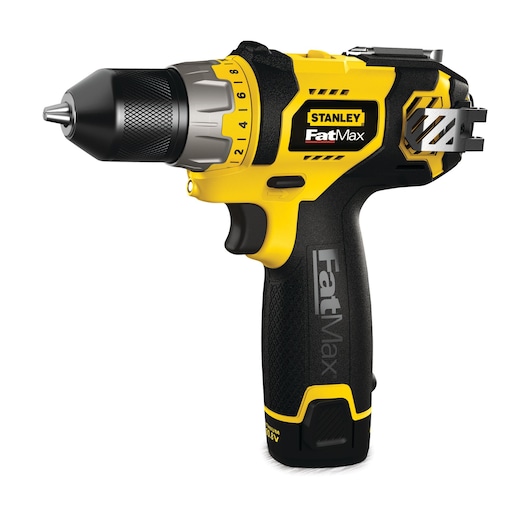 STANLEY SKU FMC010LB cordless drill, yellow and black, side view on white background.