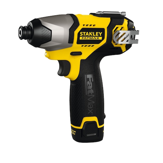 Photo of STANLEY FMC040LB cordless impact driver, yellow and black, right side view.