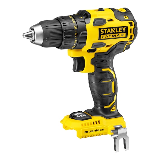 STANLEY FMC607B cordless drill, yellow and black, brushless, angled left on white background.
