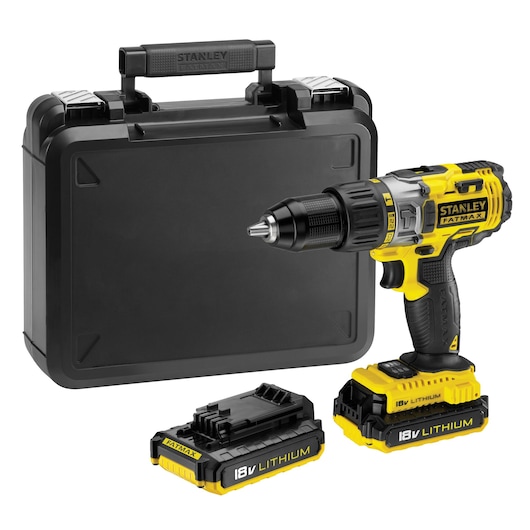 STANLEY FMC625D2 cordless drill with case, two 18V lithium batteries, photo on white background.