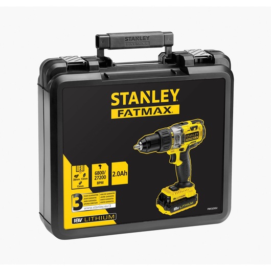 STANLEY FMC625D2 photography of black and yellow drill kit case with product and specs illustration, front angle.