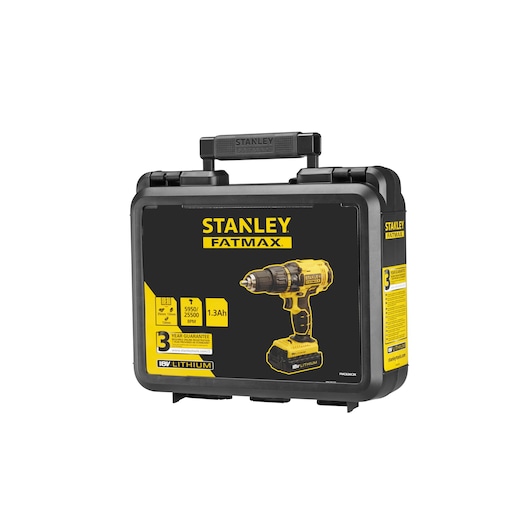 STANLEY FMC626C2K drill kit case, black with yellow label, front angle, displays cordless drill and features.