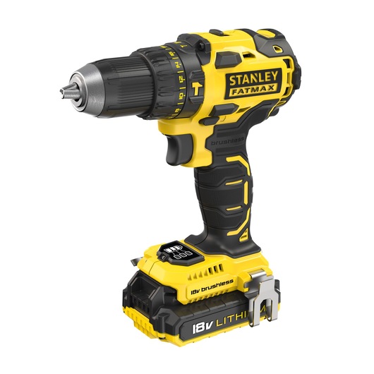 Photo of STANLEY FMC627D2 cordless 18V brushless drill, yellow and black, front left angle, power tool category.