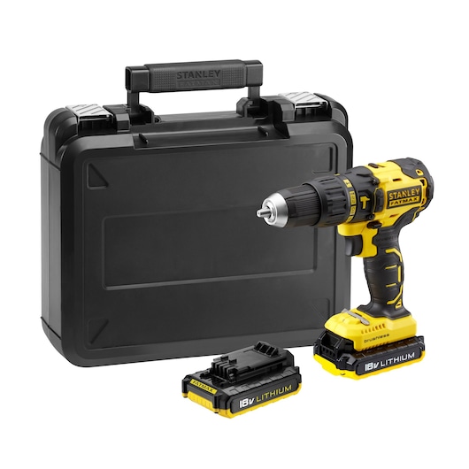 STANLEY FMC628D2K cordless drill with yellow and black finish, 18V lithium battery, spare battery, and carrying case, front angle.