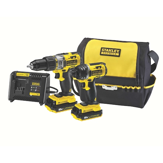 STANLEY FMCK461C2 cordless drill and impact driver set with charger, batteries, and tool bag, front angle on white.