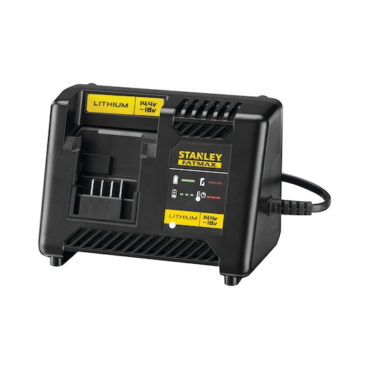 STANLEY FMCK461C2 black lithium battery charger, front angle, with yellow labels and LED indicators.