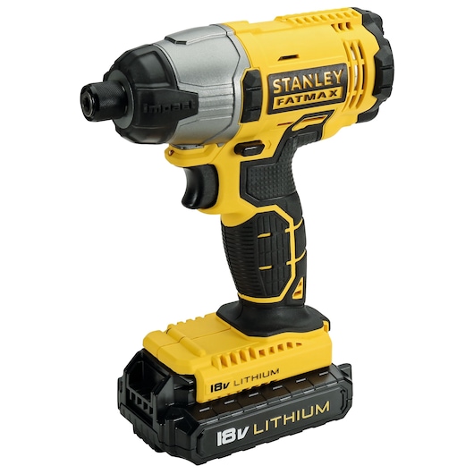 Photo of STANLEY FMCK465C2S impact driver with yellow and black body, 18V lithium battery, front angle on white.