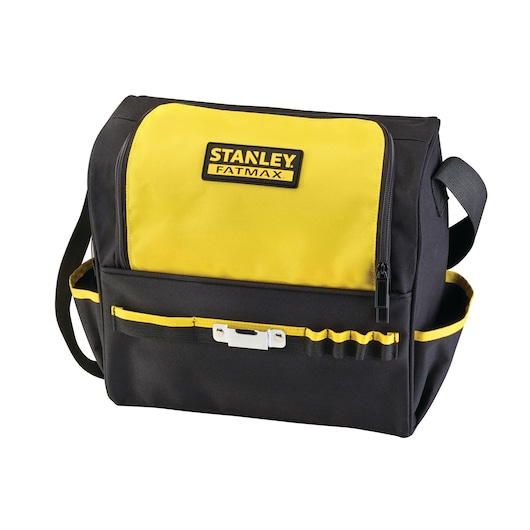 STANLEY FMCK465C2S tool bag, yellow and black, with handle and outer pockets, front angle, white background.
