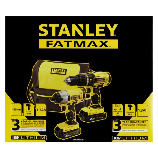 STANLEY FMCK465C2S FATMAX 18V tool kit photography, includes two drills, batteries and carry bag, front view.
