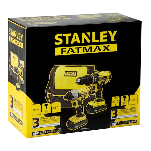 Photo of STANLEY SKU FMCK465C2S FATMAX 18V lithium drill and impact driver kit box, angled view.