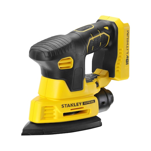 STANLEY FMCW210B cordless detail sander, yellow and black, three-quarter view on white background.