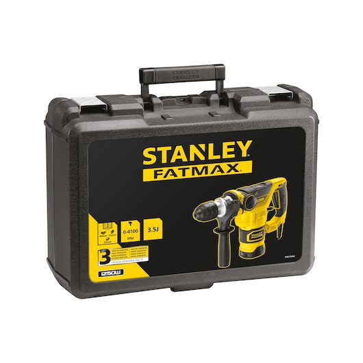 STANLEY FME1250K power tool hard case, front angle, with FATMAX branding and drill photo on black label.