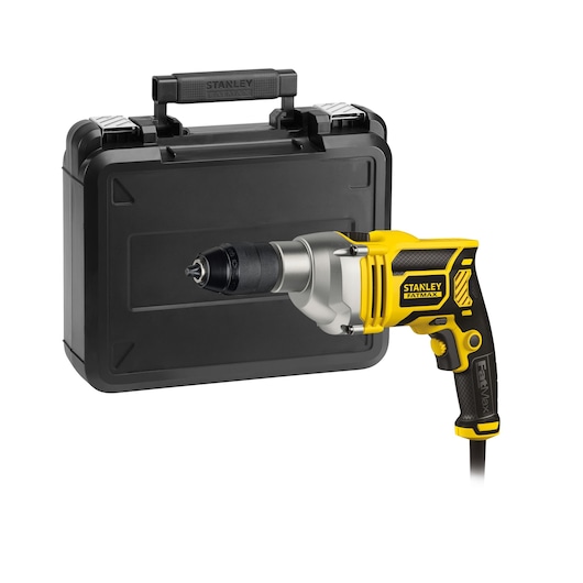 STANLEY FME140K corded electric drill with black carrying case, side view, white background.