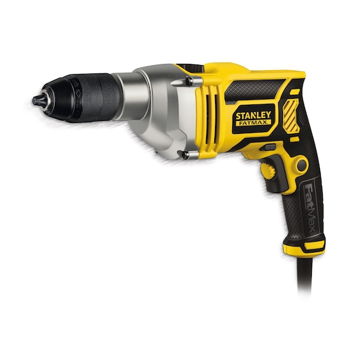 Photo of STANLEY FME140K corded drill, yellow and black, side angle on white background, ergonomic grip.