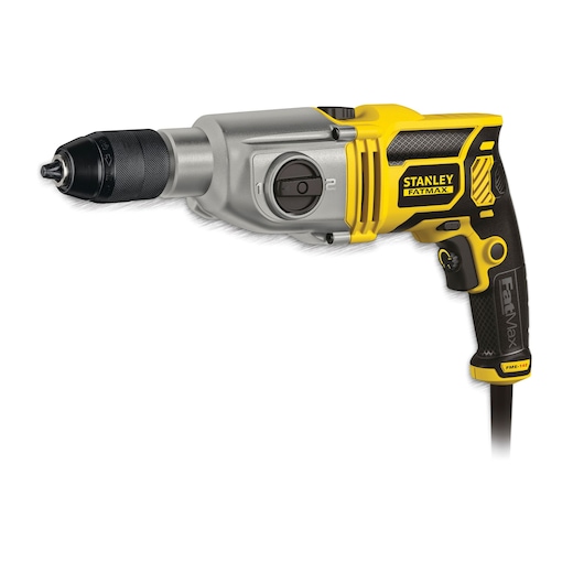 Photo of STANLEY FME142K corded drill with black and yellow design, side profile on white background.