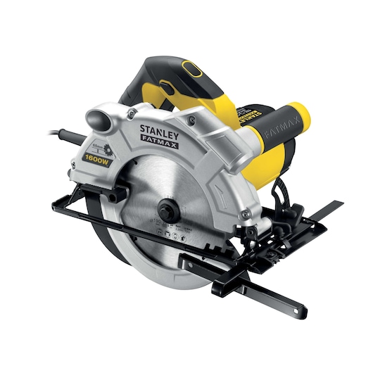 STANLEY FME300K circular saw, silver and yellow, side angle on white background, visible blade and handle.