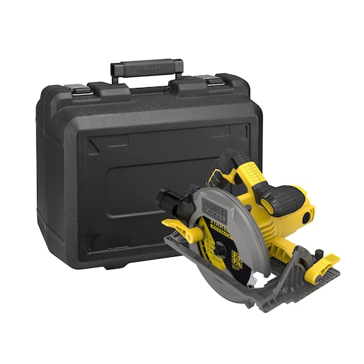 Stanley FME301K circular saw with yellow handle and black case, front angle on white background.