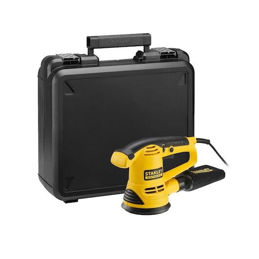 STANLEY FME440K orbital sander with yellow and black body, shown with black carrying case, front angle.