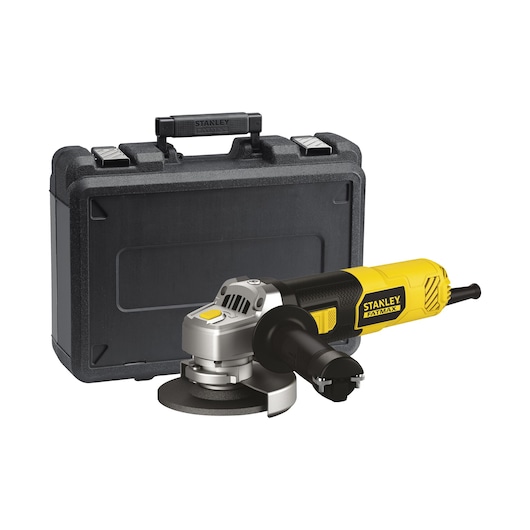 STANLEY FME811K angle grinder with yellow and black body, shown with black carrying case, front-left angle.