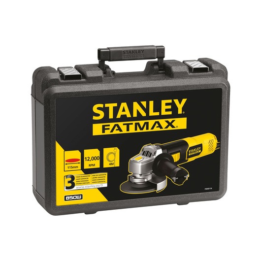 STANLEY FME811K photography of black and yellow FATMAX angle grinder case, front angle on white background.