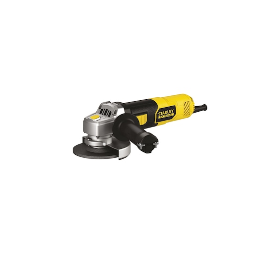 Photo of STANLEY FME821 angle grinder, yellow and black body, side handle, product side view on white background.