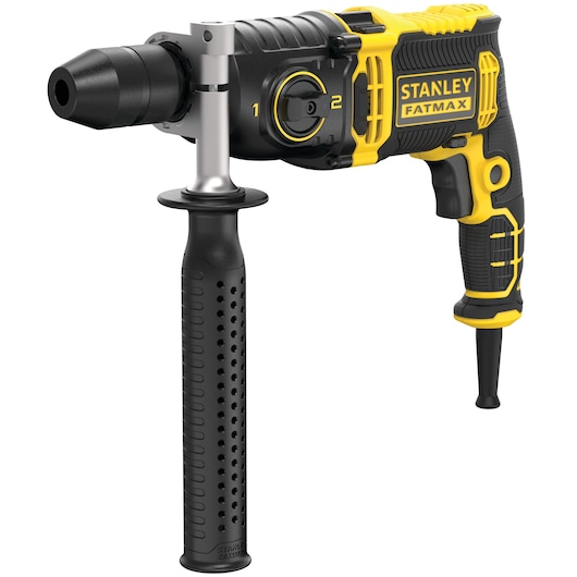 Photo of STANLEY FMEH1100K corded hammer drill with side handle, black and yellow, product shown from left angle.