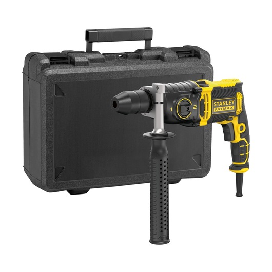 STANLEY FMEH1100K rotary hammer drill with black and yellow accents, shown with hard carrying case, front angle.
