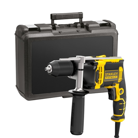 STANLEY FMEH750K hammer drill, black and yellow, with carrying case, front angle.
