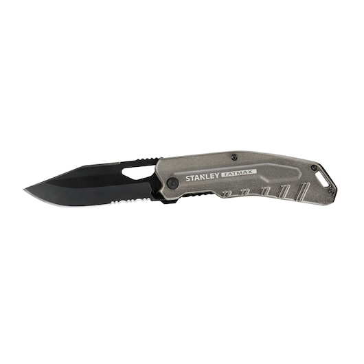 STANLEY FMHT0-10312 folding pocket knife, grey handle, black blade, product side view, photography.