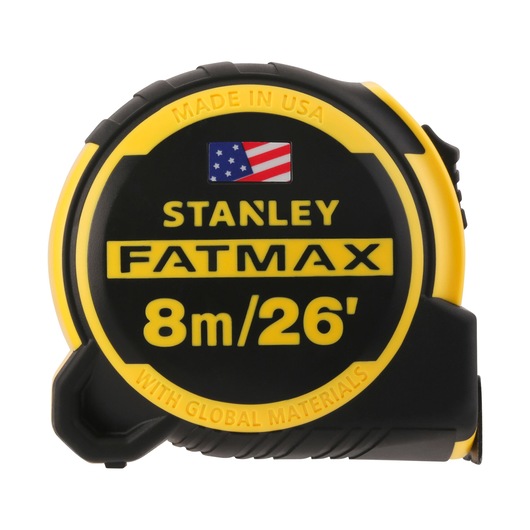 Stanley FATMAX tape measure, 8m/26ft, black and yellow case, Made in USA, with global materials.