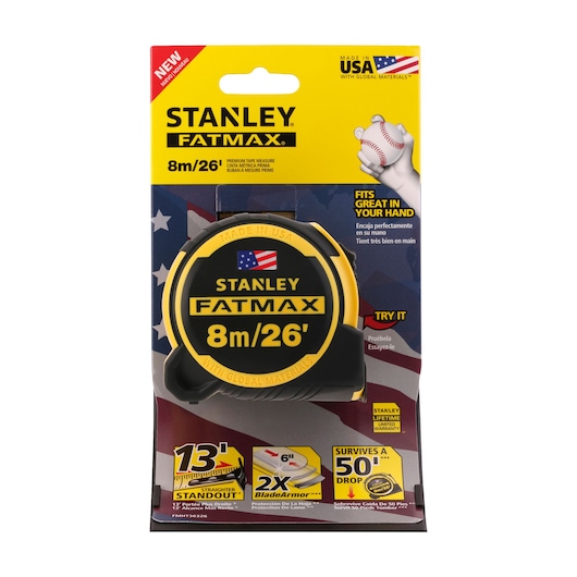Stanley FATMAX FMHT0-36326 tape measure, 8m/26ft, black and yellow, front packaging, photography.
