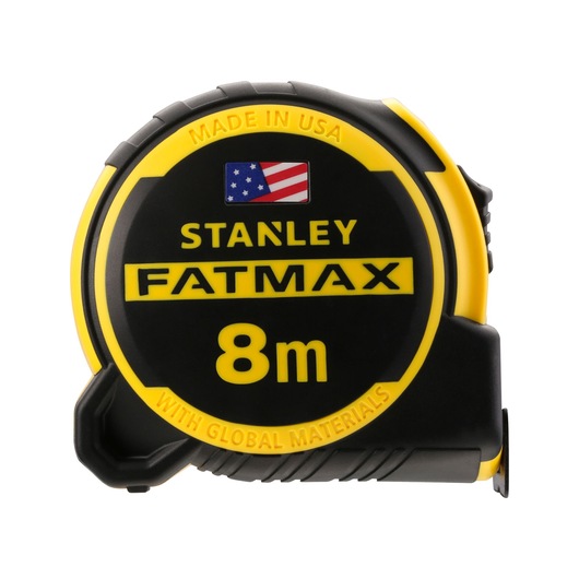 Photo of STANLEY FATMAX FMHT0-36327 8m tape measure, black and yellow, front view on white background.