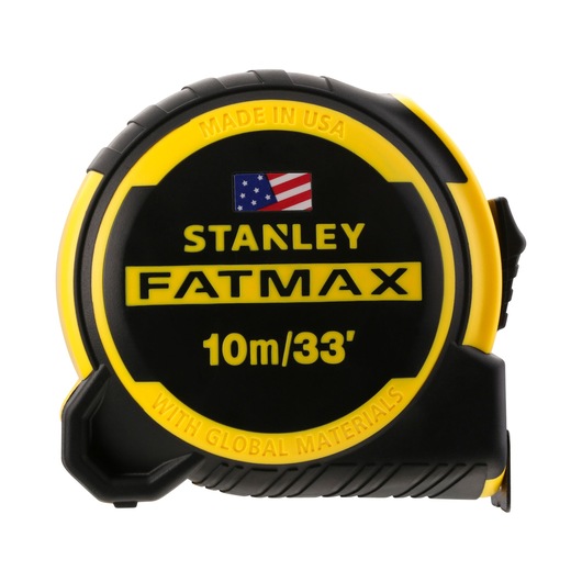 Stanley FatMax tape measure, 10m/33', black and yellow casing, made in USA, global materials.