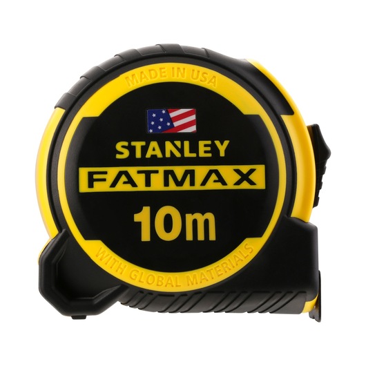Stanley FatMax 10m yellow and black measuring tape, marked Made in USA, compact design.