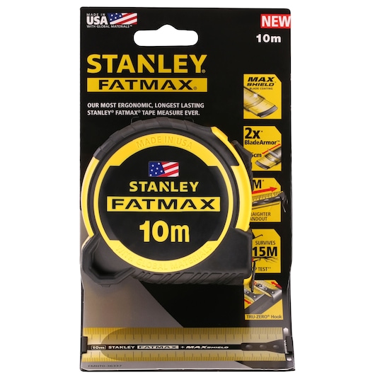 Photo of STANLEY FATMAX FMHT0-36337 10m tape measure in black and yellow packaging, front view.