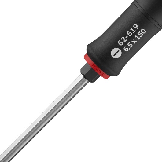 STANLEY FMHT0-62619 slotted screwdriver with black handle, red ring, and chrome shaft, close-up side view.