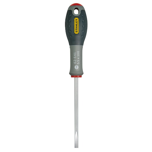Stanley flathead screwdriver with grey handle and yellow logo, tool for screwing or unscrewing flathead screws.
