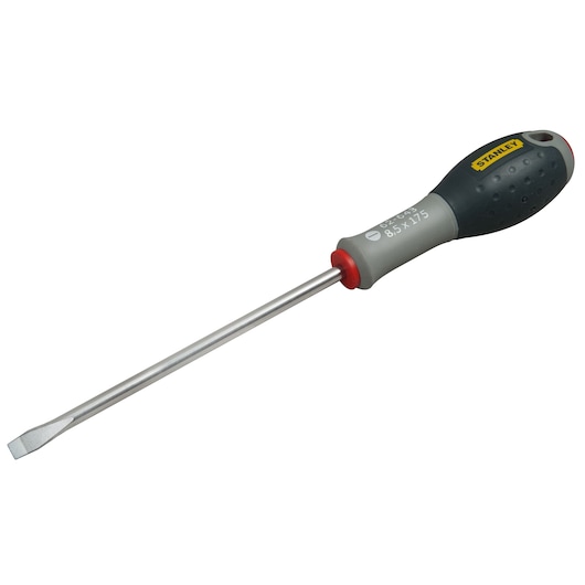 Stanley flathead screwdriver with ergonomic handle and metal shaft, photographed on a white background.