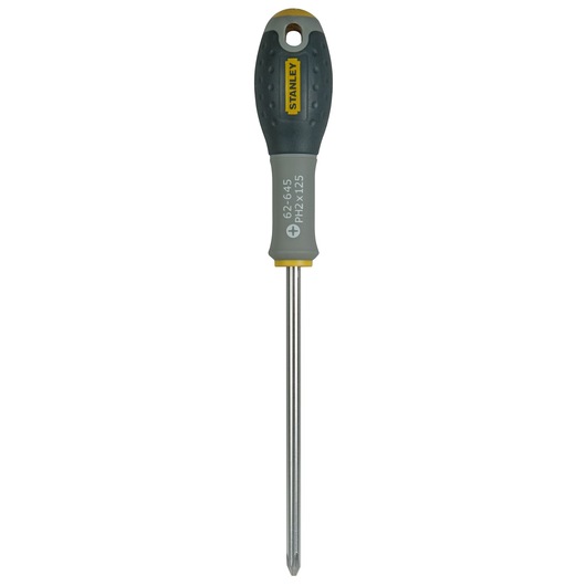 Photo of STANLEY FMHT0-62645 Phillips screwdriver with black and yellow handle, front view on white background.