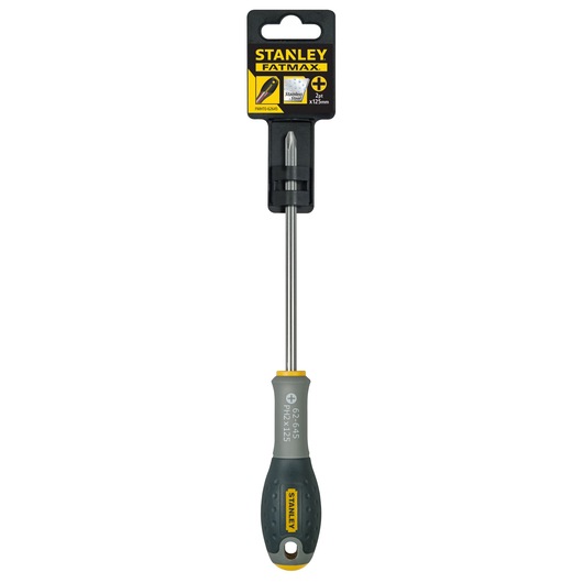 Stanley FMHT0-62645 Phillips screwdriver with grey and yellow handle, front angle on white background.
