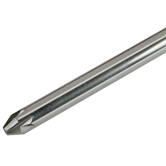 Close-up of a metal Phillips screwdriver tip on a white background.
