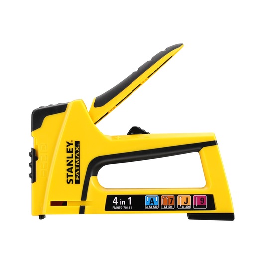 STANLEY FMHT0-70411 stapler, yellow 4-in-1 hand tool side view, with black accents, on white background.